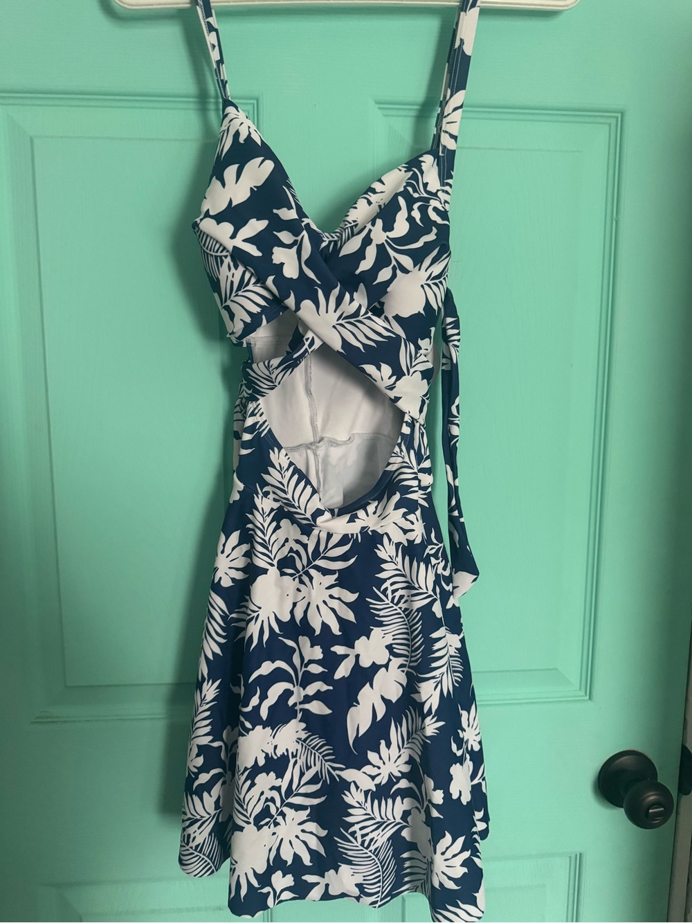 Navy & White Tropical Print One-Piece Swim Dress